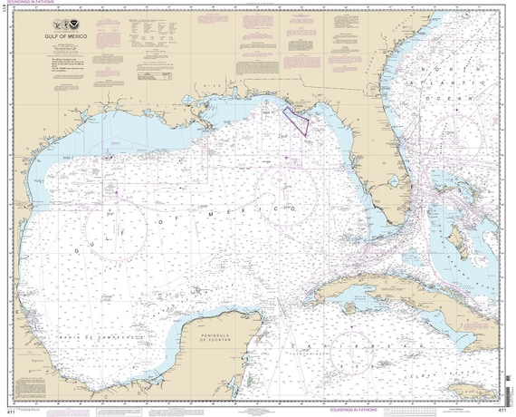 Gulf Of Mexico Depth Map 2013 Nautical Map Of The Gulf Of Mexico | Etsy