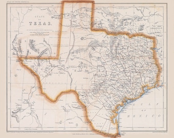Op de afbeelding: Een antieke kaart van de staat Texas, met de grenzen van de county's en de belangrijkste steden. De kaart is gedrukt in zwart-wit met bruine en oranje accenten. De kaart heeft de titel "Staat Texas" en bevat de tekst "Atlas van de Verenigde Staten nr. 8."