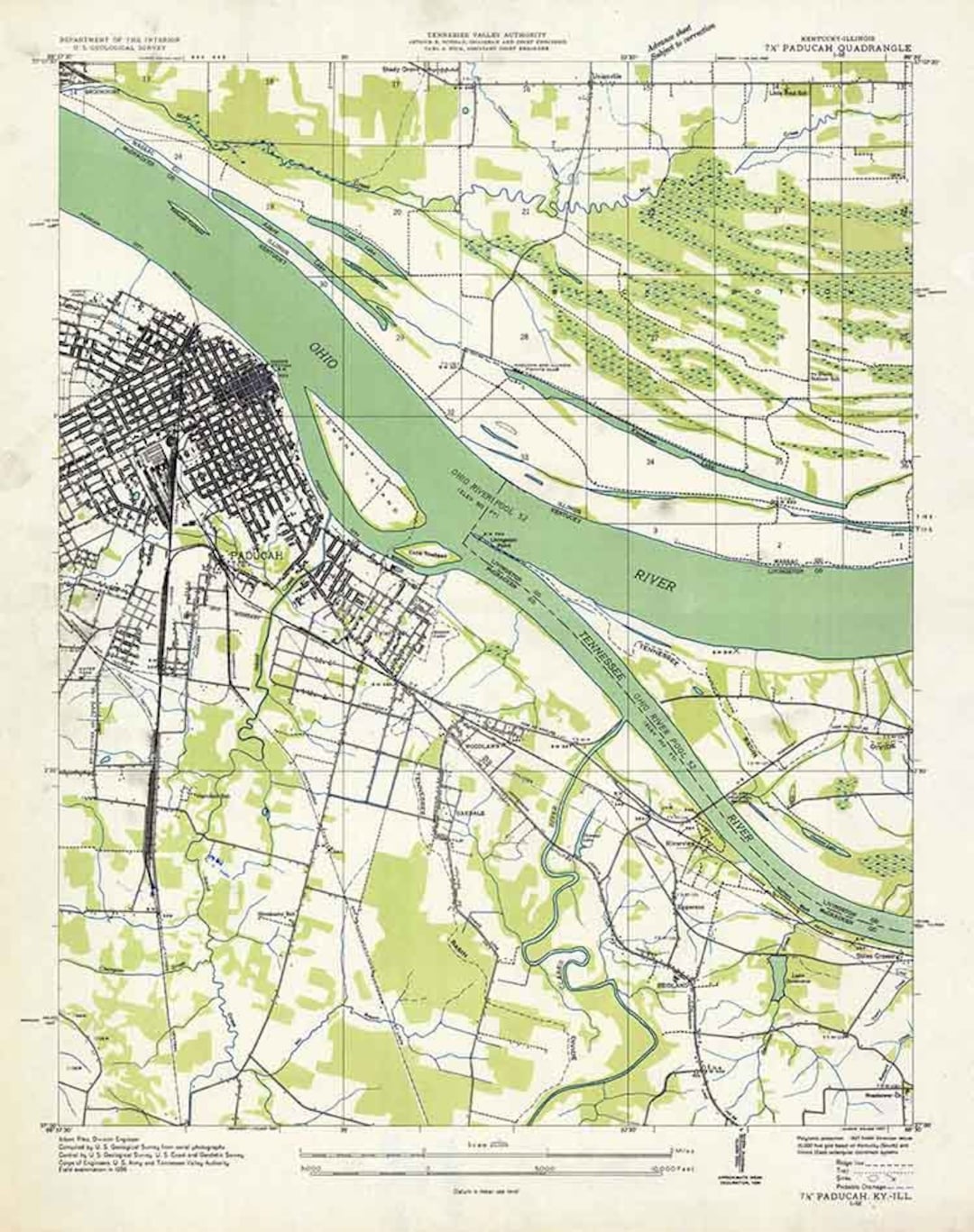 1936 Topo Map of Paducah Kentucky Ohio River Tennessee River