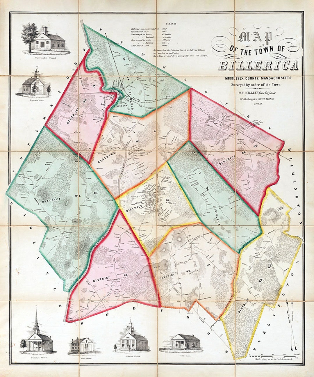 1853 Mapa de la ciudad del condado de Billerica Middlesex Massachusetts -  Etsy México, image size:1080x1296
