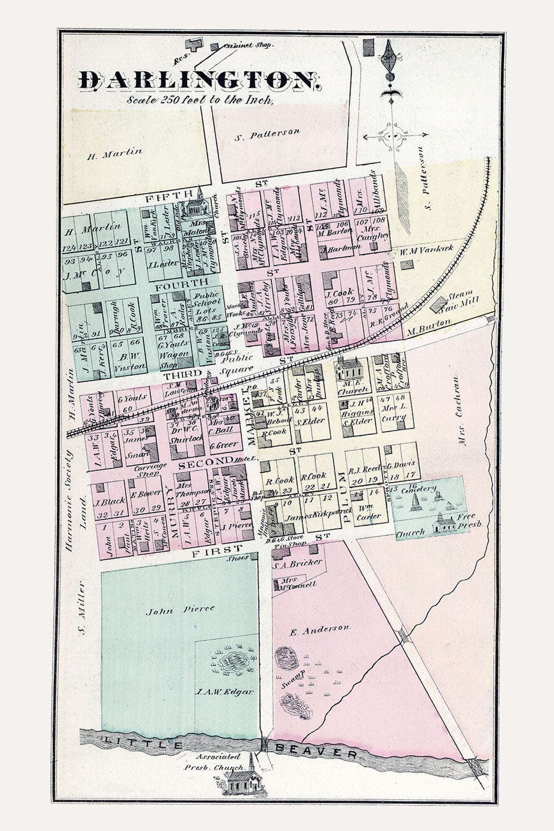 1876 Town Map of Darlington Beaver County Pennsylvania Etsy
