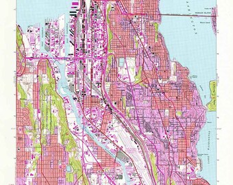 May include: A vintage map of Seattle, Washington, showing the city's streets, waterways, and parks. The map is in pink, green, and blue tones and includes the text "SEATTLE SOUTH, WASH".