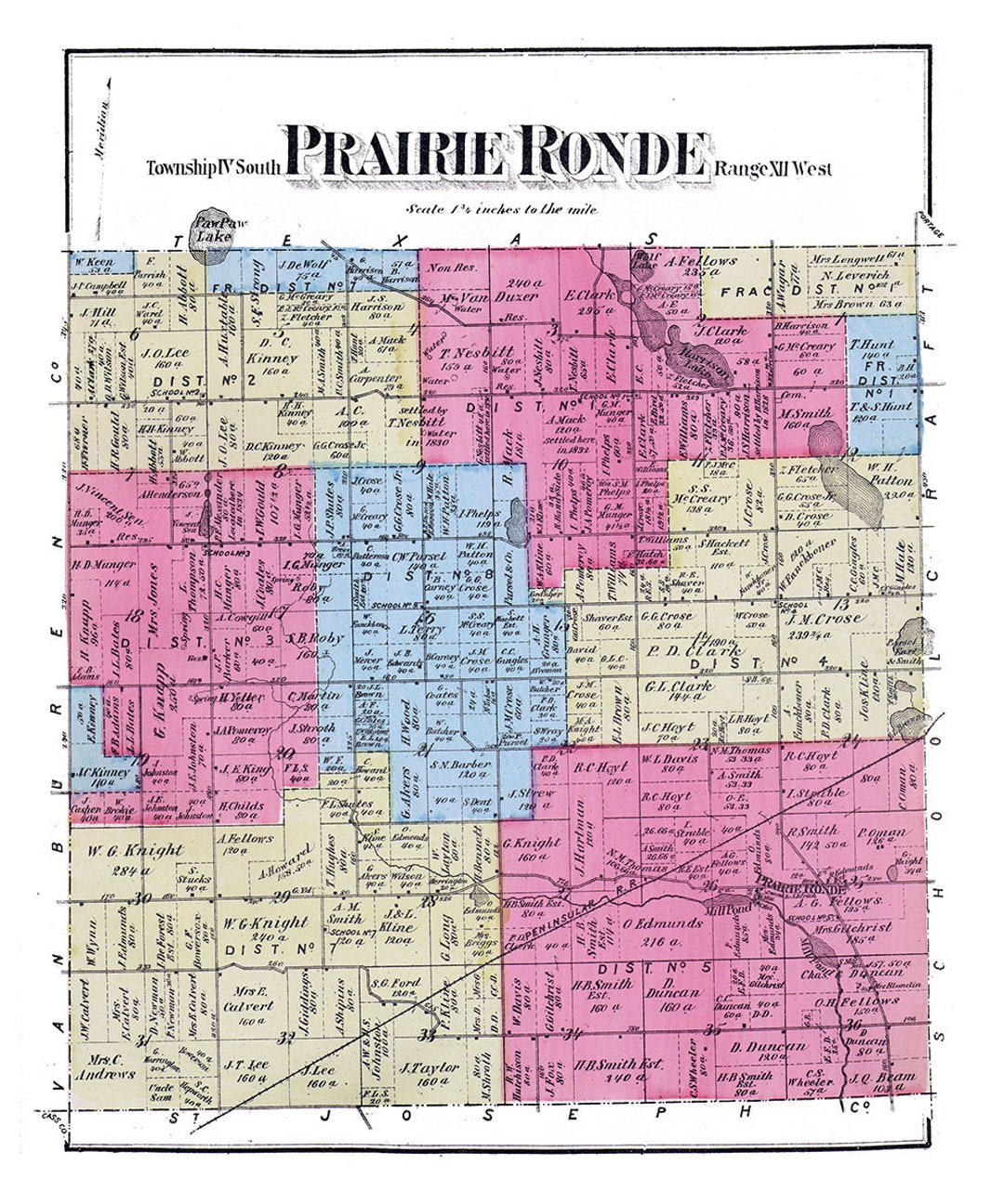 1873 Map of Prairie Ronde Township Kalamazoo County Michigan Etsy