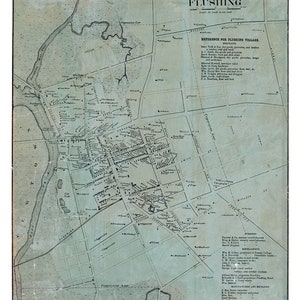 Puede incluir: Un mapa antiguo de Flushing, Nueva York, con fondo azul y líneas negras. El mapa muestra la disposición del pueblo, incluyendo calles, edificios y puntos de referencia. El mapa también incluye una clave con los nombres de las empresas y los residentes.