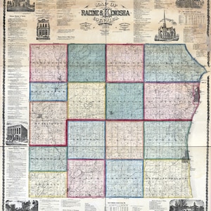 1873, carte de Racine et du comté de Kenosha, Wisconsin