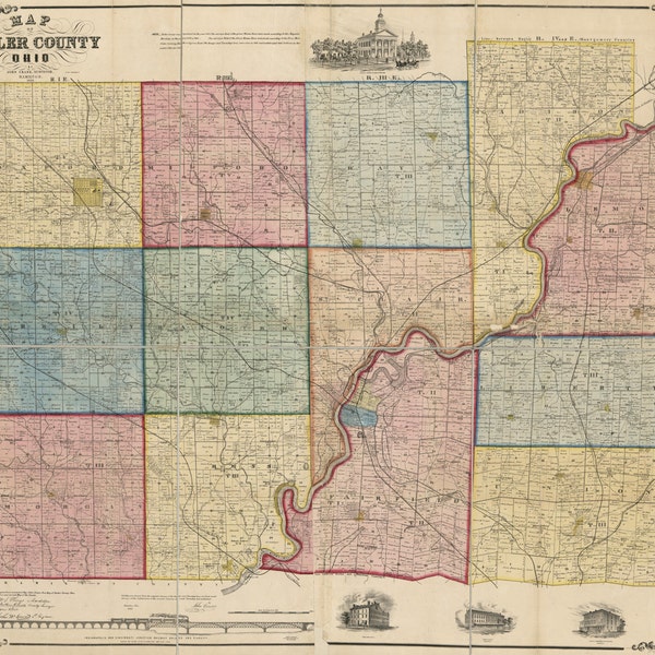 1855 Farm Line Map of Butler County Ohio Oxford Rossville