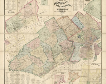 1876 Map of Delaware County PA and the city of Philadelphia