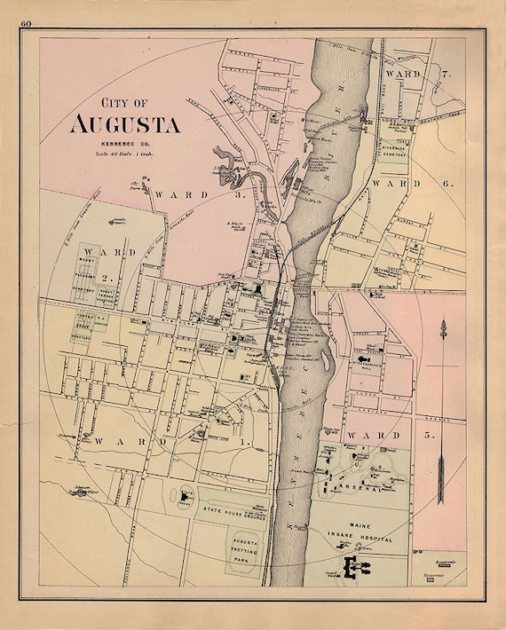 1884 Map of Augusta Kennebec County Maine
