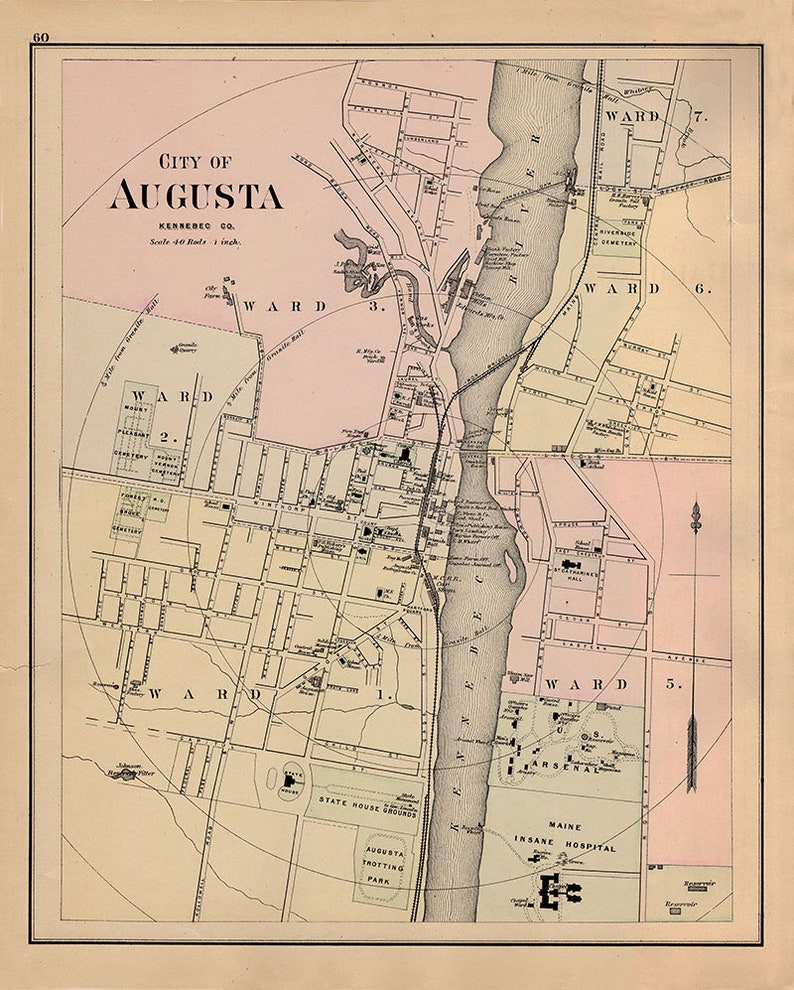 1884 Map of Augusta Kennebec County Maine