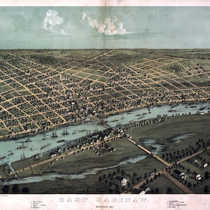 1867 Panoramakarte von East Saginaw,gebrannt in Missouri