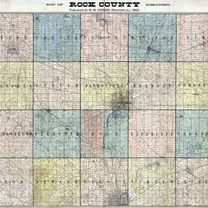 1900, la limite des fermes, carte du comté de Rock, Wisconsin, Janesville
