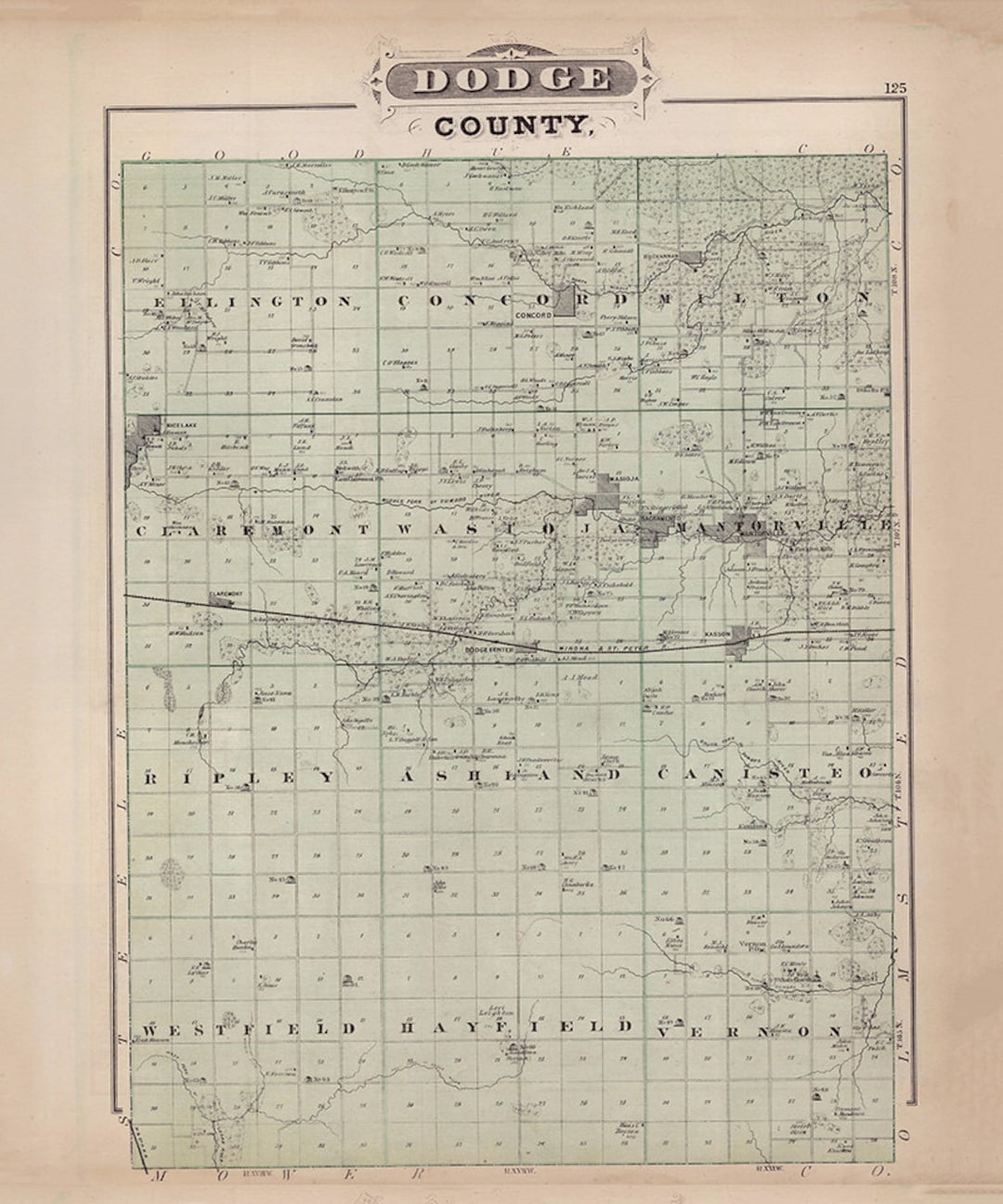 1874 Map of Dodge County Minnesota Etsy
