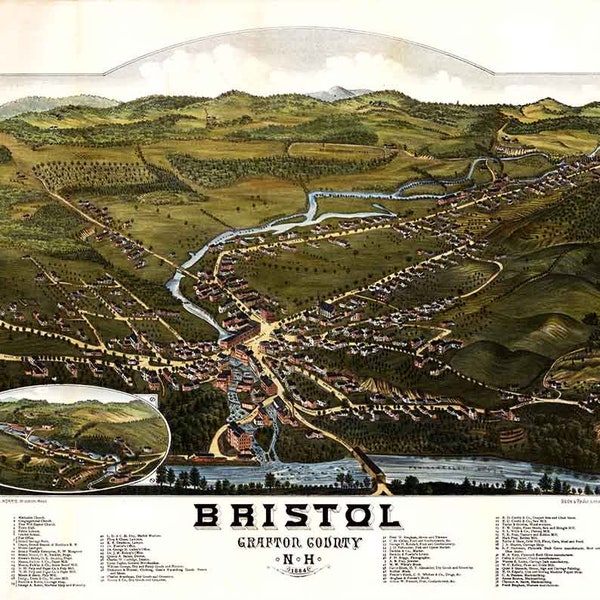 1884 Panoramic Map of Bristol Grafton County New Hampshire