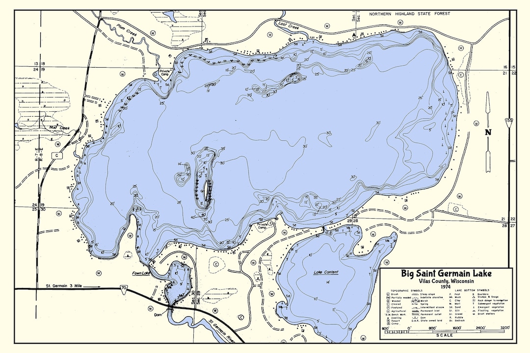 1974 Map of Big Saint Germain Lake Vilas County Wisconsin Etsy