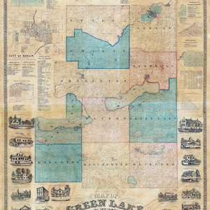 1860 Farm Line Map of Green Lake County Wisconsin