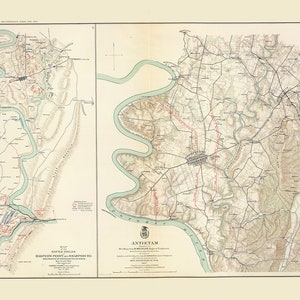 1867 Kaart Slag om Antietam Sharpsburg Maryland en Harpers Ferry