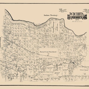 May include: A black and white map of Wichita County, Texas, from 1889. The map shows the boundaries of the county, as well as the locations of various towns, roads, and rivers. The map also includes text labels for the different features, such as "Indian Territory", "Tarrant County School Land", and "Cherokee County School Land".