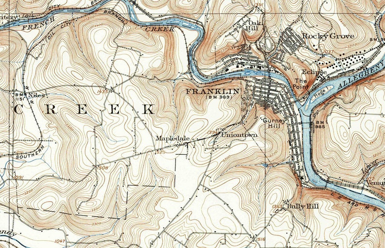 1909 Topo Map of Franklin Pennsylvania Quadrangle  Etsy