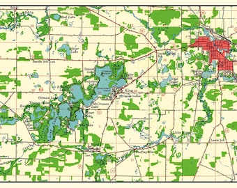 1959 Map of Waupaca Wisconsin and Chain O Lakes