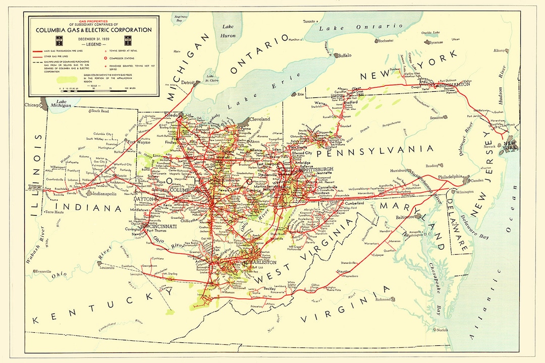 1939 Pipeline Map of Columbia Gas Corporation Pipelines & Compressor