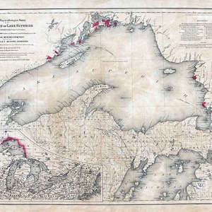 1871 Map of Lake Superior Lake Huron Lake Michigan