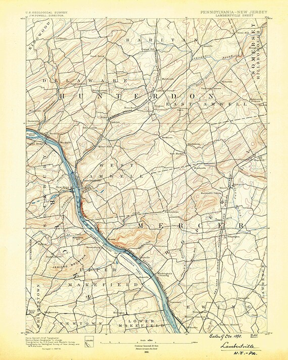 1890 Topo Map of Lambertville Quad Hunterdon and Bucks County Etsy