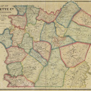 1865 Carte du comté de Fayette en Pennsylvanie Uniontown Monongahela River Charbon Smithfield