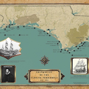 May include: A vintage map of the Florida Panhandle, showing shipwreck sites from 1559 to 1924. The map includes illustrations of ships, a compass rose, and text detailing historical events and ship names. The color scheme features brown, blue, and beige tones.
