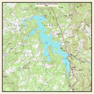 May include: A topographic map of Lake Glenville, North Carolina, from 1984. The map shows the lake, surrounding forests, and roads. The map is in shades of green, brown, and blue.