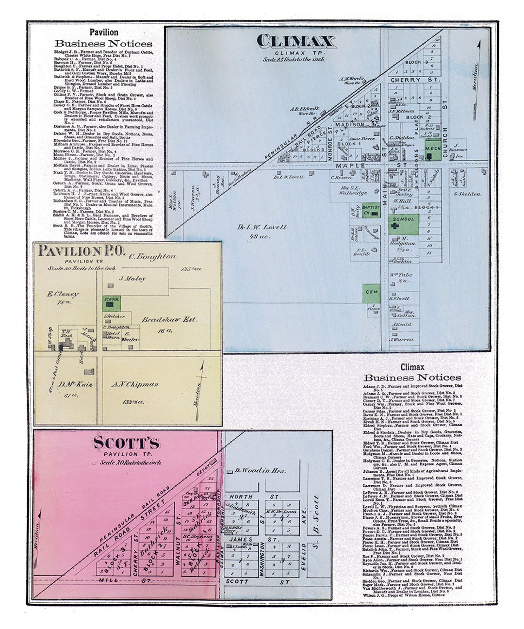 1873 Town Map of Climax Kalamazoo County Michigan Etsy