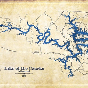 1980, carte du lac des Ozarks, Missouri