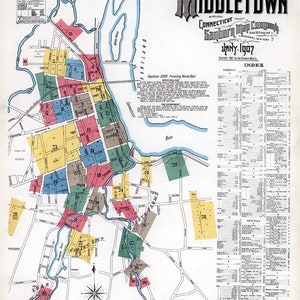 Puede incluir: Un mapa de seguros vintage de Middletown, Connecticut, de enero de 1907. El mapa está codificado por colores y muestra las calles, las manzanas y los puntos de referencia de la ciudad. El mapa incluye una clave y un índice de calles y lugares especiales.