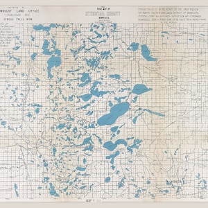 Może przedstawiać: Antyczna mapa hrabstwa Otter Tail w Minnesocie, pokazująca położenie licznych jezior. Mapa nosi tytuł "Road Map of Otter Tail County, Minnesota" i zawiera tekst "Prepared by Wright Land Office Established 1872 Fergus Falls, Minn."