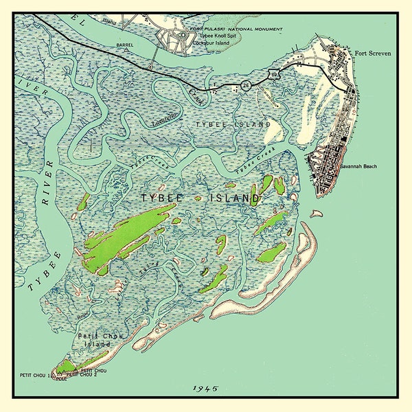 1945 Map of Tybee Island Georgia Savannah Beach