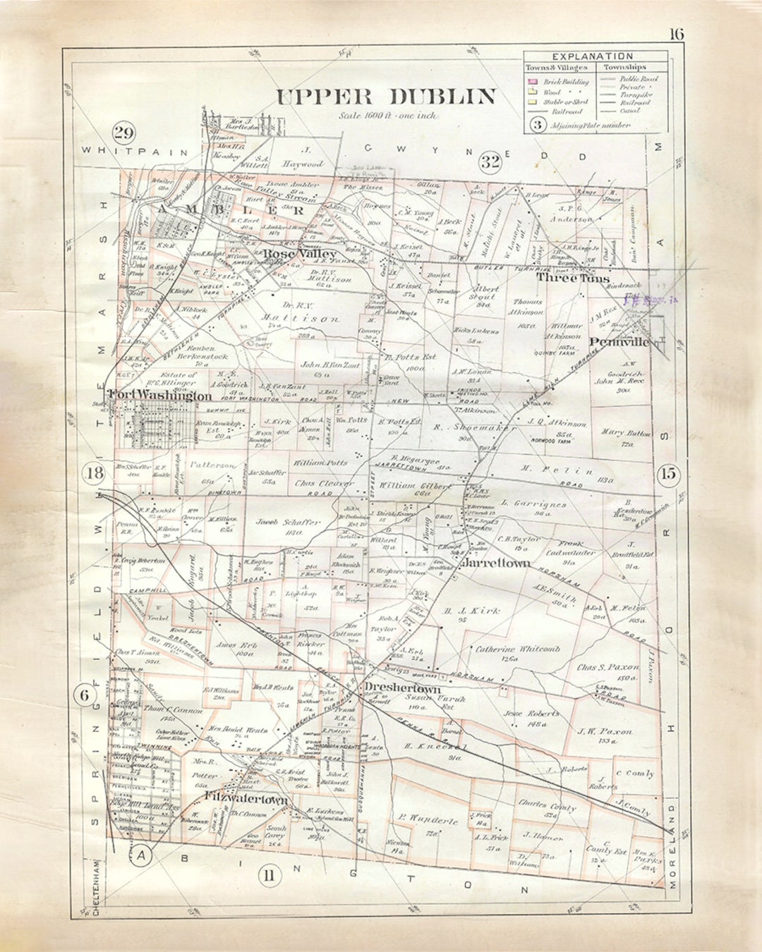 1893 Upper Dublin Township Map Montgomery County PA Etsy