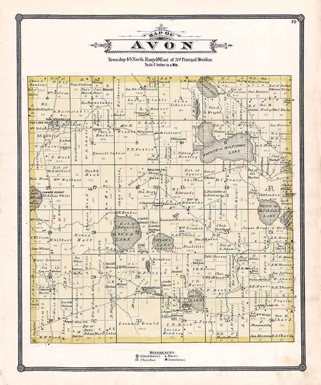 1885 Map of Avon Township Lake County Illinois Etsy
