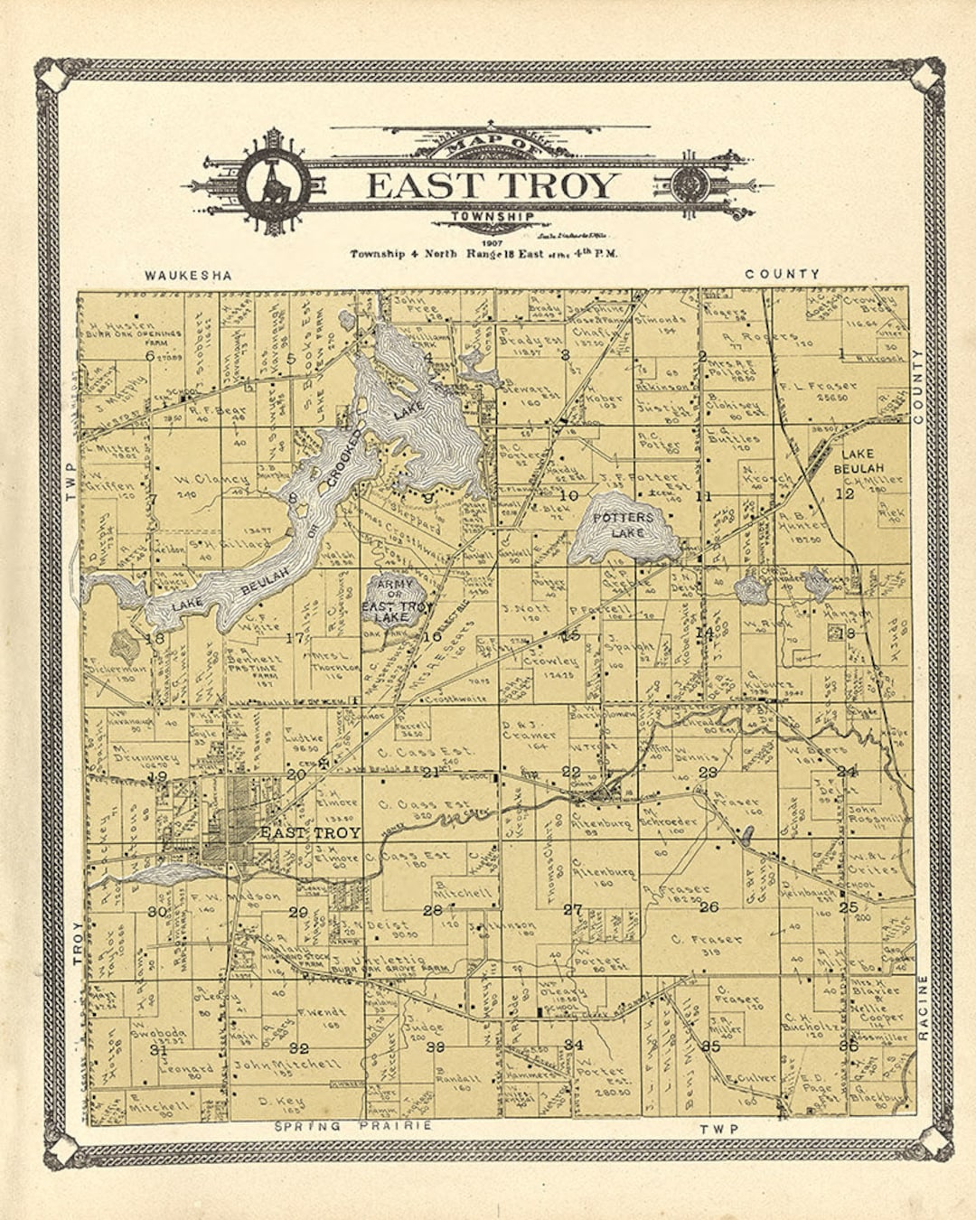 1907 Map of East Troy Township Walworth County Wisconsin Etsy
