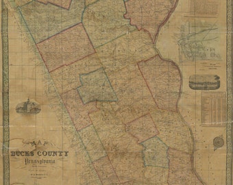 1850 Farm Line Map of Bucks County Pa from surveys colored