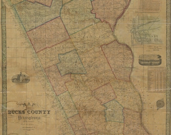 1850 Farm Line Map of Bucks County Pa from surveys colored