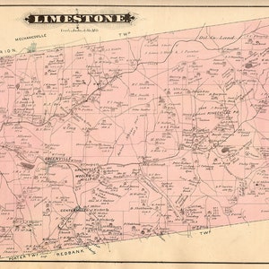 May include: A vintage map of Limestone Township, Pennsylvania, with a pink background and black lines showing roads and property boundaries. The map includes the names of towns, rivers, and other geographic features. The map is titled "Limestone" in a decorative font.