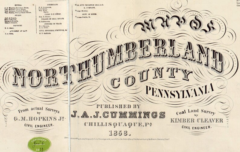1858 map of northumberland county pa from actual surveys etsy