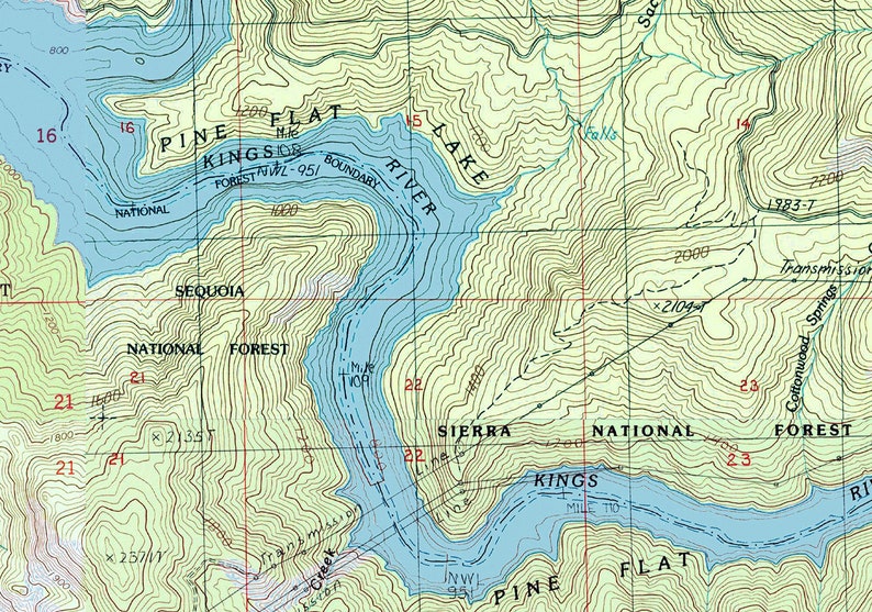 1987 Map of Pine Flat Lake California Etsy
