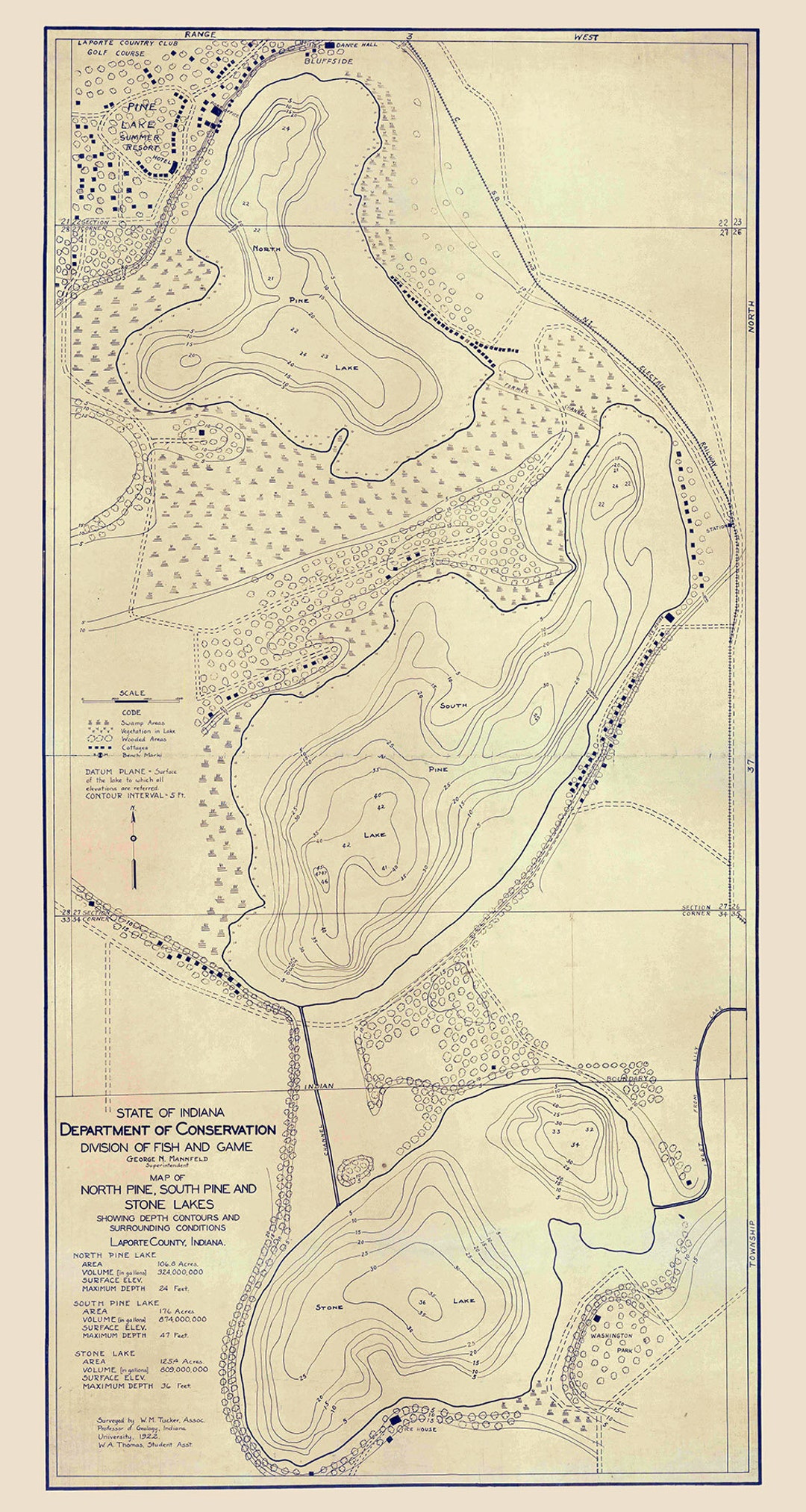 1922 Map of North Pine South Pine and Stone Lakes Laporte County