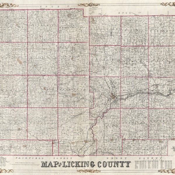 1854 Farm Line Map of Licking County Ohio Newark Granville