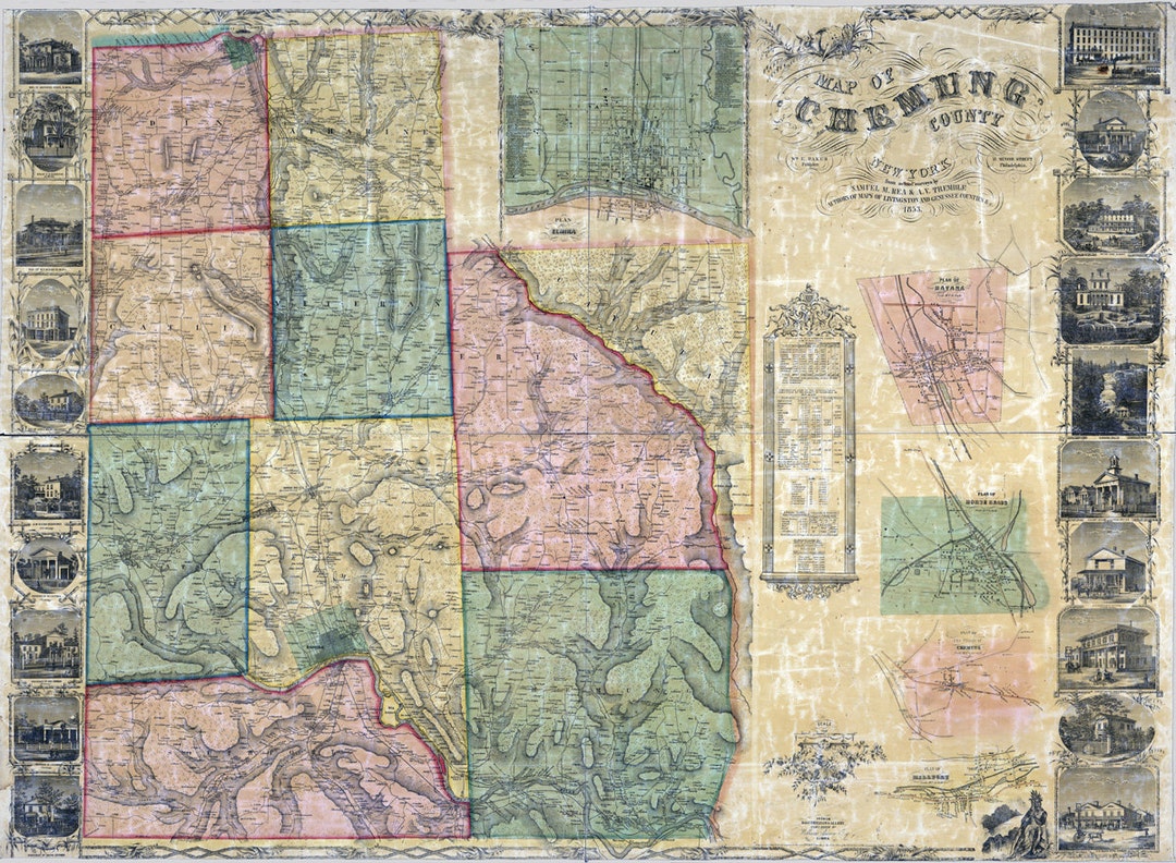 1853 Map of Chemung County NY From Actual Surveys Elmira Etsy