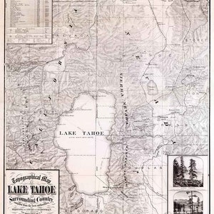 Topo-kaart uit 1874 van Lake Tahoe, Californië