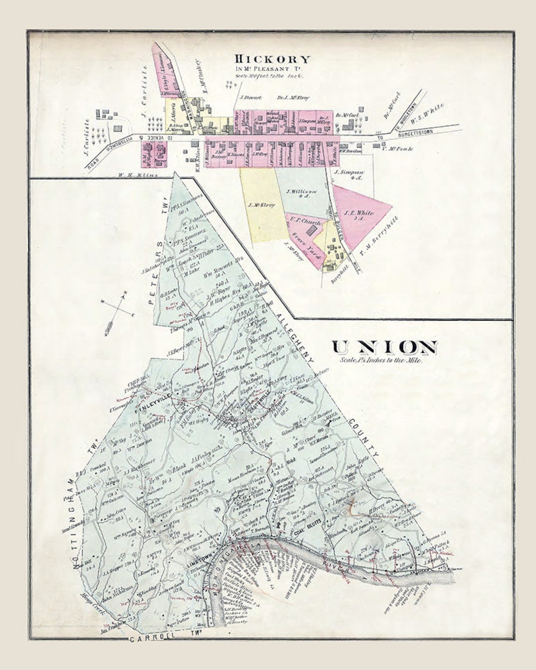 1876 Map of Union Township Washington County Pa Hickory Etsy