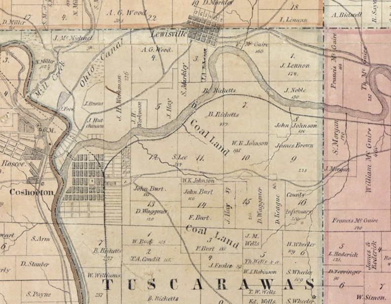1850 Farm Line Map of Coshocton County Ohio Lewisville Farm Etsy