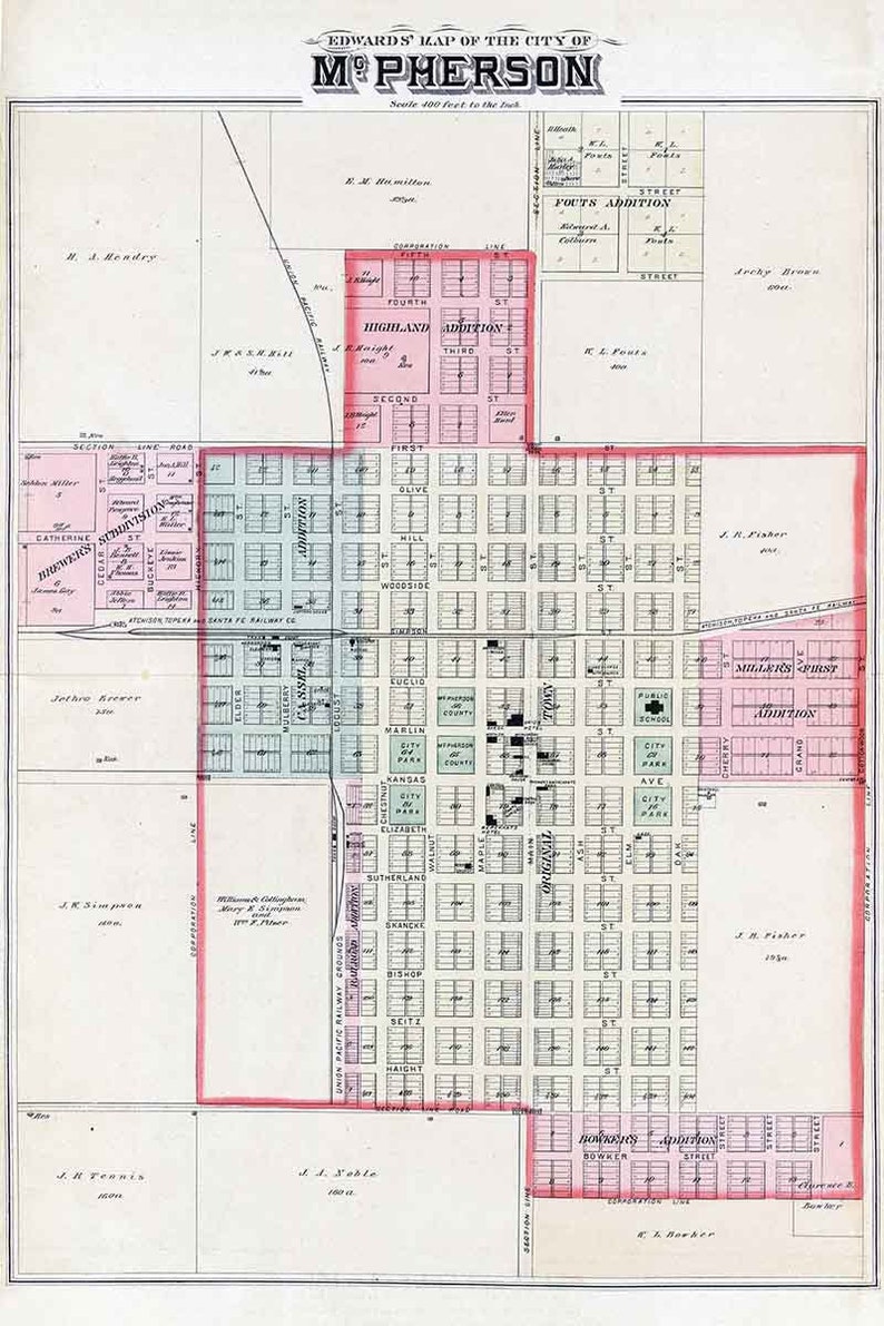 1884 Map of Mcpherson Mcpherson County Kansas Etsy