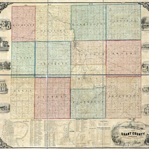 1861 Farm Line Map du comté de Grant, Indiana